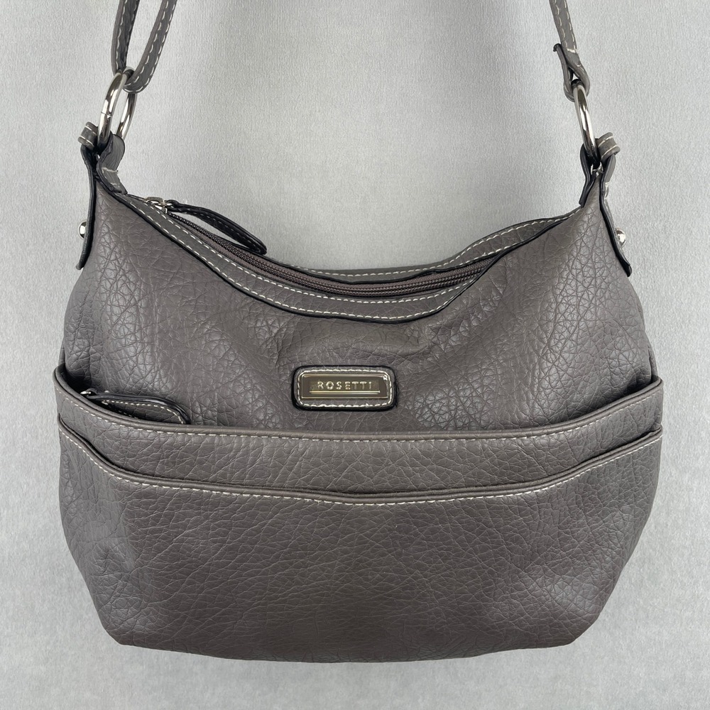 Rosetti Gray Pebbled Faux Leather Crossbody Bag Hobo Purse Contrast Stitch Boho